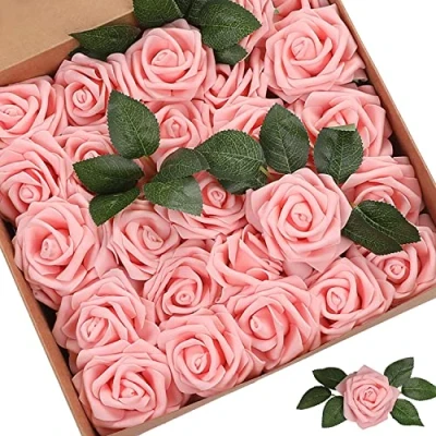 Afbeelding van PIQIUQIU kunstbloemen, rozenkoppen, namaak voor verjaardagsdecoratie, bruiloftsdecoratie, feestdecoratie, lichtroze
