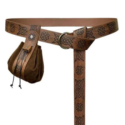 Afbeelding van HiiFeuer Middeleeuwse O ring riem met draagbaar koordzakje, Retro Renaissance nepleren en tas set voor LARP (Bruin D)