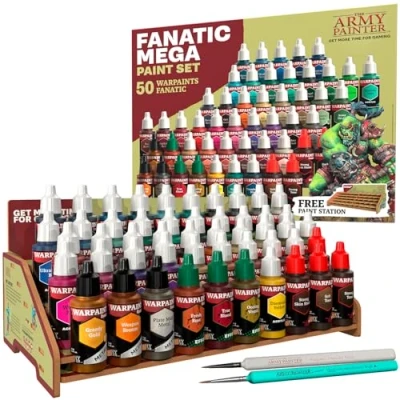 Afbeelding van The Army Painter Warpaints Fanatic Mega Paint Set Combo, 50 verfkleuren: 36 acrylkleuren, 4 huidtinten, 3 metallics, effecten, wassingen &amp; 2 penselen voor miniatuurschilderen