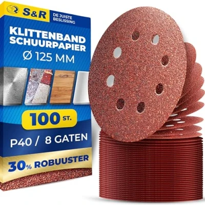 Afbeelding van S&amp;R Klittenbandschuurpapierset, 125 mm, meester, 8 gaten, 100 stuks in korrelgrootte P40, schuurbladen, schuurschijven voor excentrische schuurmachines, klittenbandschuurpapier, betrouwbare hechting