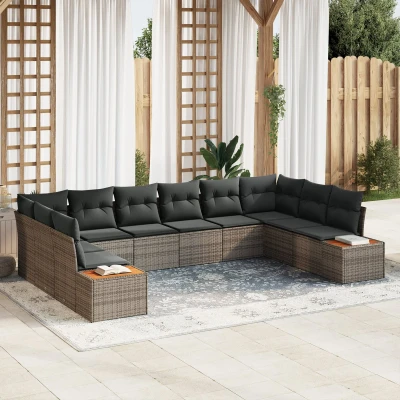 Afbeelding van vidaXL 10 Delige Tuinsofa Set met Kussens Grijs Poly Rattan Acacia