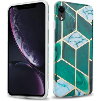 Afbeelding van Cadorabo Hoesje geschikt voor Apple iPhone XR in Donkergroen Wit Goud Marmer No. 6 Beschermhoes gemaakt van TPU siliconen Case Cover met mozaïek motief