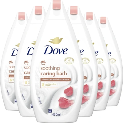 Afbeelding van Dove Soothing Caring Bath Badcrème Amandelolie &amp; Hibiscus verrijkt met 1/4 hydraterende crème 6 x 450 ml