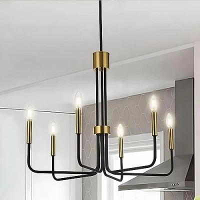 Afbeelding van Moderne Zwarte En Gouden Messing Kroonluchters, Ø71cm 6 Lichts Vintage In Hoogte Verstelbare Hanger, Eetkamer Keukeneiland Woonkamer Foyer Slaapkamer E14 (Lampen Niet Inbegrepen)
