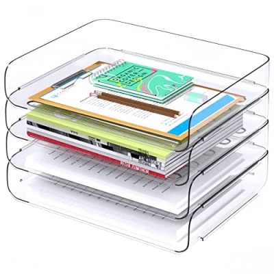 Afbeelding van Tomorotec Bureau Brievenbak Set 4 Pack, A4 formaat Clear PET Stapelbare Document Organizer Kantoor Desktop Bestand Papierhouder Boek Opbergrek Zijbelasting Anti Skid Stapelen Ondersteuning Convexe