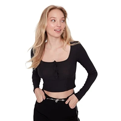 Afbeelding van Trendyol Damesblouse met rechte lange mouwen, slank, zwart, M