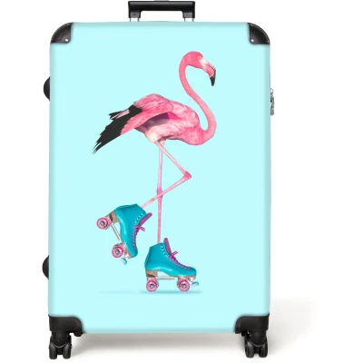 Afbeelding van NoBoringSuitcases.com® Koffer groot Reiskoffer lichtgewicht Flamingo Rolschaatsen Blauw Roze Rolkoffer met 4 wielen Grote trolley XL 98 liter bagage