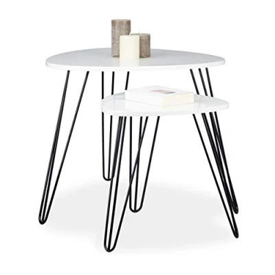 Afbeelding van Relaxdays bijzettafel wit set van 2 stuks hout &amp; metaal glanzend gelakt salontafel Hoekig