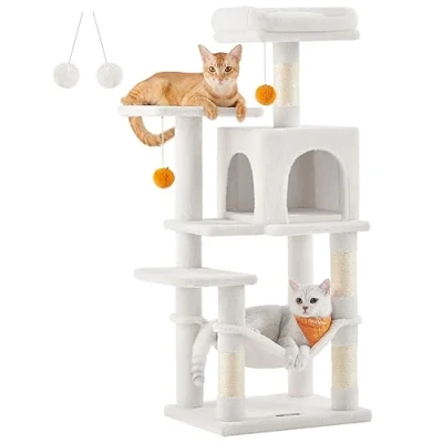 Afbeelding van Feandrea Krabpaal voor katten, hoogte 112 cm, speeltoren, met 4 krabpalen, 2 platforms, 1 nis, hangmat, pompons, pluche stof, meerdere verdiepingen, crèmewit, PCT261T01