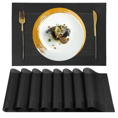 Afbeelding van Gucass Set van 8 placemats, afwasbaar, antislip, pvc, geweven hittebestendig, voor keuken, restaurant, eettafel, 45 x 30 cm (zwart)