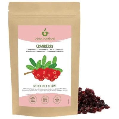 Afbeelding van Gedroogde veenbessen (250g), zonder kunstmatige toevoegingen, licht gezoet met vruchtensap, gedroogd fruit snack