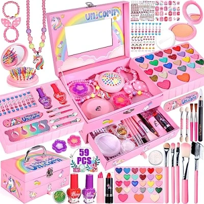 Afbeelding van MUOIVG kinder make up set meisjes koffer meisjes, 59 PCS wasbare speelgoed, cadeau speelgoed vanaf 5 6 7 8 9 10 11 12 jaar