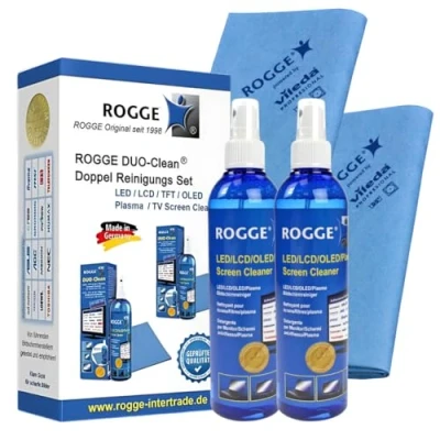 Afbeelding van ROGGE Duo Clean Original Double Set, 2X 250ml LCD TFT LED TV Touch Display + Plasma Screen Cleaner Prof. Microvezeldoeken 38x40cm. De originele Since 1998. Made in Germany
