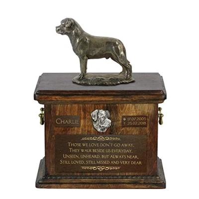Afbeelding van Art Dog Custom Sitting Statue Memorial Urn Handgemaakt koud gegoten brons op berkenhouten voet 8,3x11,4x8,7 5l Rottweiler II