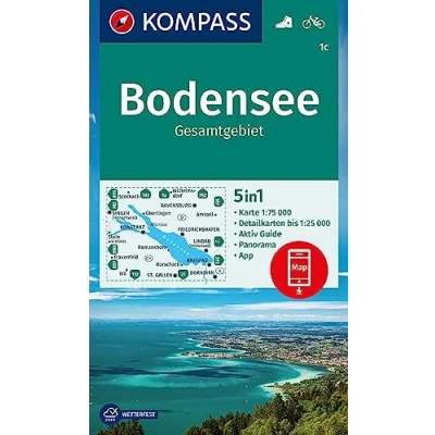 Afbeelding van 001c bodensee gesamgebiet: 5in1 Wanderkarte mit Panorama, Aktiv Guide, Detailkarten und Panorama inklusive Karte zur offline Verwendung in der KOMPASS App. Fahrradfahren.