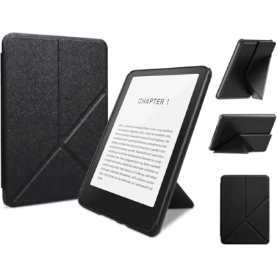 Afbeelding van Opvouwbare standhoes voor 7 inch Kindle Paperwhite 12e generatie 2024 en Colorsoft Signature Edition, slanke lichte PU lederen hoes met automatisch waken/slapen meerdere kijkhoeken (zwart)