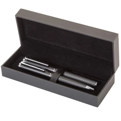 Afbeelding van noTrash2003 Elegante schrijfset van balpen en rollerball met aluminium schacht in strepen structuur zwarte geschenkdoos, blauwe vulling kantoorartikelen cadeau idee (zwart)