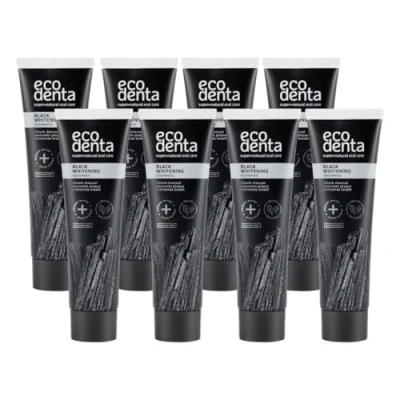 Afbeelding van Ecodenta Actieve kool tandpasta witte tanden zonder fluoride verpakking I zwarte kooltandpasta zwart geactiveerde houtskool 8 x 100 ml
