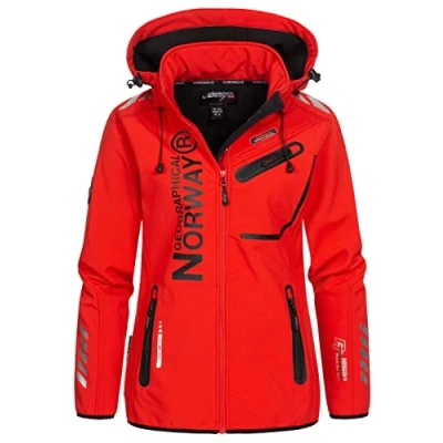 Afbeelding van Geographical Norway Reine Lady Softshell Jassen voor Vrouwen Waterdichte Outdoor Hooded UK Winddicht Regenjassen Dames Activiteiten Wandelen Skiën Herfst Winter Lente, Rood Zwart, XXL