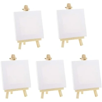 Afbeelding van Tafelschildersezel van hout, canvas, standaard, set 5 stuks, 10 x cm, canvas met 15 8 mini ezel, houten schildersezel, geprimeerd voor olie /waterverf, tekenen, kinderen
