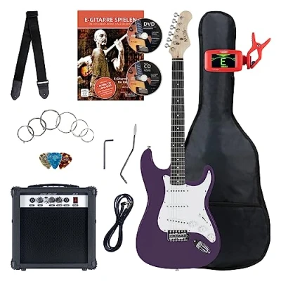 Afbeelding van Rocktile ST Pack Elektrische Gitaar Purper E elektrisch met 3 Single Coil pickups Set Gitaarversterker, Gitaarsnaren, tuner, Riem, Gitaartas, Stemapparaat en Kabel