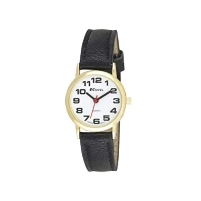 Afbeelding van Ravel uniseks gemakkelijk te lezen horloge met grote getallen Zwart/goudkleurige/witte wijzerplaat