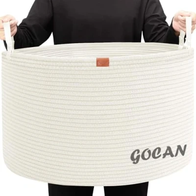 Afbeelding van GOCAN XXXL Grote wasmand, opbergmand voor speelgoed, katoenen touwmand, D56 x H35,5 cm, mand het opbergen met handgrepen, dekens, speelgoedkussens, woonkamer