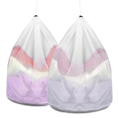 Afbeelding van AiQInu 2 stuks waszakken wasmachine, wasnet, grote waszak, set met koordstopper, herbruikbaar, wasnet beha, netzak voor wasgoed, 40 x 30 cm