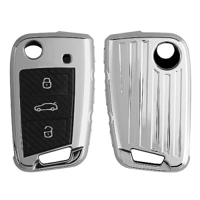 Afbeelding van kwmobile Sleutelhoesje geschikt voor VW Golf 7 MK7 3 knops Autosleutel hoesje Sleutelhoes hoogglans zilver