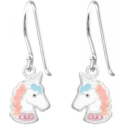 Afbeelding van JoyS Zilveren eenhoorn oorbellen unicorn oorhangers pastel met roze kristal