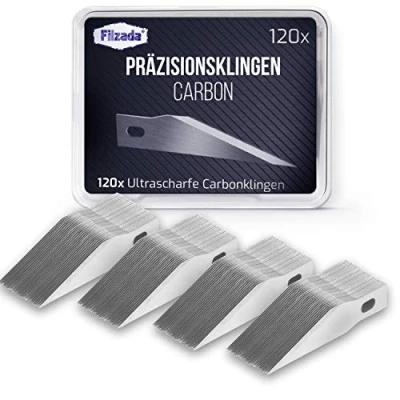 Afbeelding van Filzada ® 120 x ultrascherpe scallpelmessen reservemesjes voor skalpels, hobbymessen, knutselmessen incl. opbergdoos