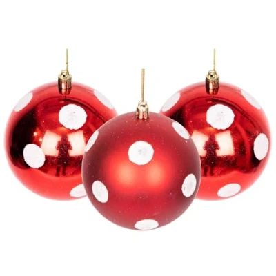 Afbeelding van 10 cm/3 stuks kerstballen onbreekbare rood witte stippen, kerstboomdecoraties, balornamenten, ballen, hangende kerstdecoraties, vakantiedecoratie glanzend, mat, glitter