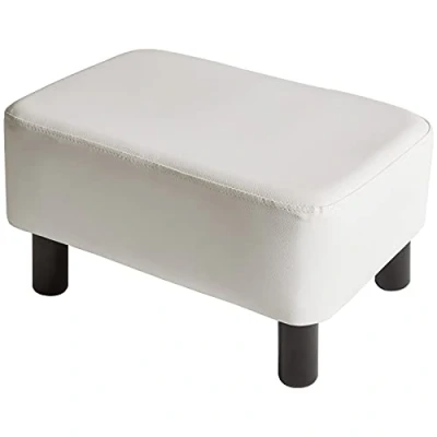 Afbeelding van YMYNY 42 cm voetenbank, rechthoekige poef met stabiele houten poten, moderne PU lederen voetsteun, voetenbankje om schoenen te verwisselen voor woonkamer, gewatteerde zitting slaapkamer, wit, HD HRF BD212