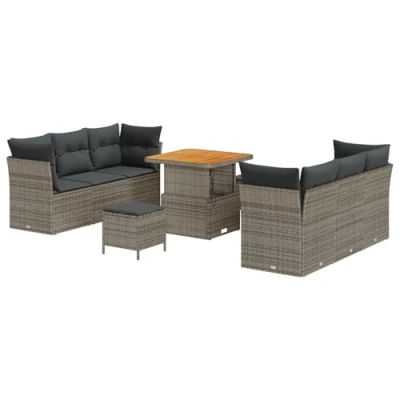 Afbeelding van vidaXL 9 delige tuinbankset met kussens Grijs Poly Rattan Acacia