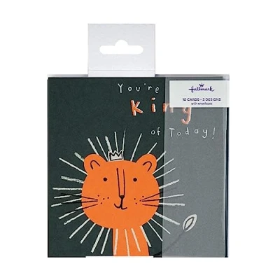 Afbeelding van Hallmark Kinderverjaardagskaarten in 2 leuke dierenontwerpen, zwart en oranje, pak van 10