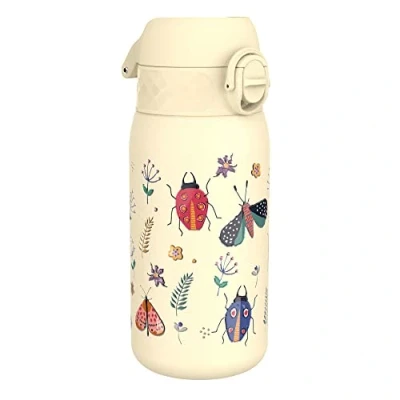 Afbeelding van ION8 Roestvrijstalen Kinderwaterfles, 400 ml/13 oz, Lekvrij, Makkelijk te Openen, Veilige Vergrendeling, Vaatwasserbestendig, Flipdop, Draaggreep, Duurzaam, Metalen Drinkfles, Insectenleven Design