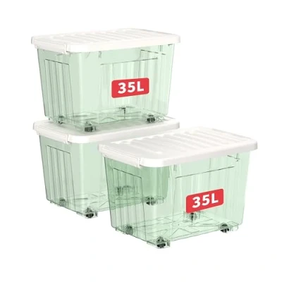 Afbeelding van Cetomo 35L* 3 Plastic Opbergdoos, Clear Green, Tote box, Organiseren Container met Duurzaam Deksel en Veilige Klink Gespen, Stapelbaar Nestable, 3Pack, Gesp