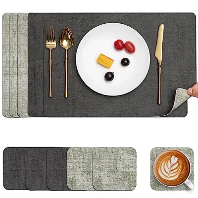 Afbeelding van placemats Wasbaar leer en onderzetters, dubbelzijdige set van 6 Antislip lederen kunstleren (grijsgroen, 6)