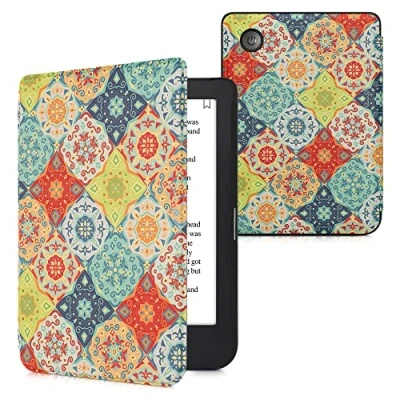 Afbeelding van kwmobile E reader hoesje geschikt voor Kobo Clara 2E hoes flip case met magnetische sluiting Ereader cover Portugese tegels design in rood / groen blauw