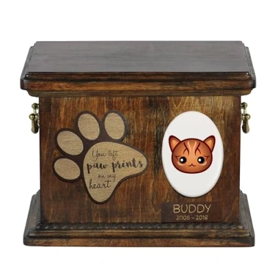 Afbeelding van Art Dog Custom Cat Memorial Urn Handgemaakte houten kist met keramische plaat Gepersonaliseerde kattencrematiedoos 8,3x11,4x8,7 Egyptische Mau