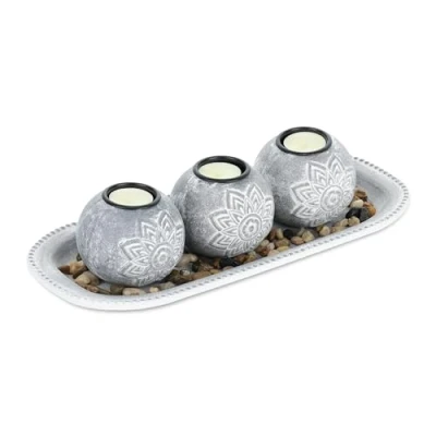 Afbeelding van Relaxdays theelichthouders met dienblad &amp; stenen, 35 cm lang, tafeldecoratie woonkamer, waxinelichthouders, grijs/wit