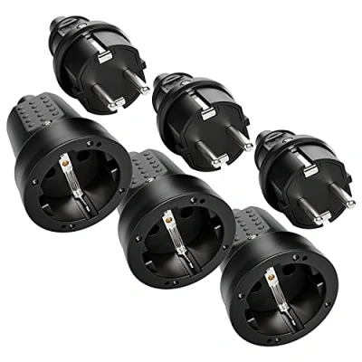Afbeelding van ABSINA 3 x stekker en elektrische rubberen stekker, set mannelijke vrouwelijke stekkers met knikbescherming, zwart, 250 V, 16 A, IP20, voor gebruik binnenshuis,
