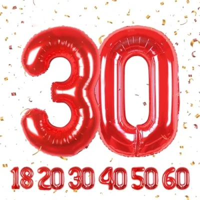 Afbeelding van Decoratie voor 30e verjaardag, cijferballon 30 jaar, rode folieballon, verjaardagsdecoratie mannen en vrouwen, zweeft indien gevuld met helium, 101 cm
