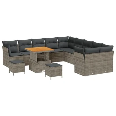Afbeelding van vidaXL 13 delige Tuinbank Set met Kussens Grijs Poly Rattan Acacia, 3 Tuin Eet Acacia
