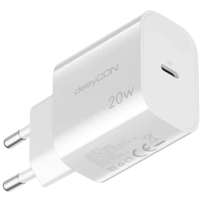 Afbeelding van deleyCON USB C oplader (20 W snellader) 1 poort voeding voor iPhone 15 Pro Max 14 13 12 11 iPad Galaxy S24/S23 Pixel mobiele telefoon PD 3.0 Charger wit