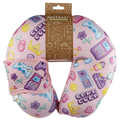 Afbeelding van Puckator Nekkussen met Slaapmasker Travel Pillow Reiskussen Neksteun voor Reis Vliegtuig/Auto/Bus U Vorm Game Over pink 28 x cm