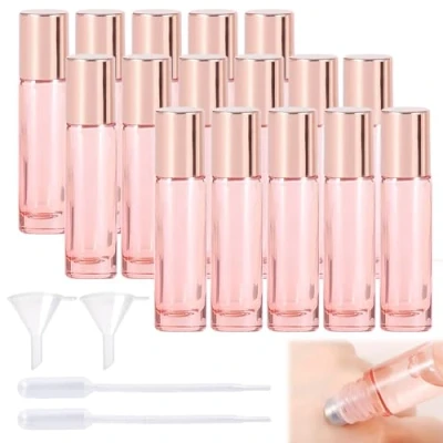 Afbeelding van Rolflessen voor etherische oliën, 16 stuks, roll on fles, leeg, 10 ml, met roestvrijstalen rollerballen, navulbare multicolor glazen flessen olie, aromatherapie en parfum