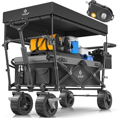 Afbeelding van KESSER® opvouwbare Handkar GT9000 met dak Transportwagen incl. 2X 3 punts gordelsysteem opvouwbaar massief rubberen banden tot 80 kg rem voor en achter + draagtas zwart/grijs