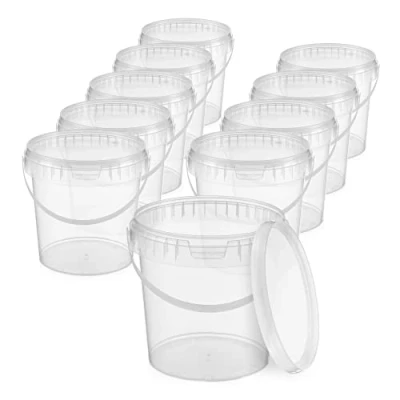 Afbeelding van BenBow emmer met deksel 1 l transparant geschikt voor levensmiddelen, stabiel, luchtdicht plastic handvat leeg, 10 x liter