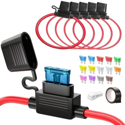 Afbeelding van JOREST 5 stuks 12 (1) + 16 AWG (4) standaard zekeringhouder, V platte zekeringhouder voor auto, vrachtwagen, motorfiets 14 middelgrote zekeringen (2 A, 3 7,5 10 15 20 25